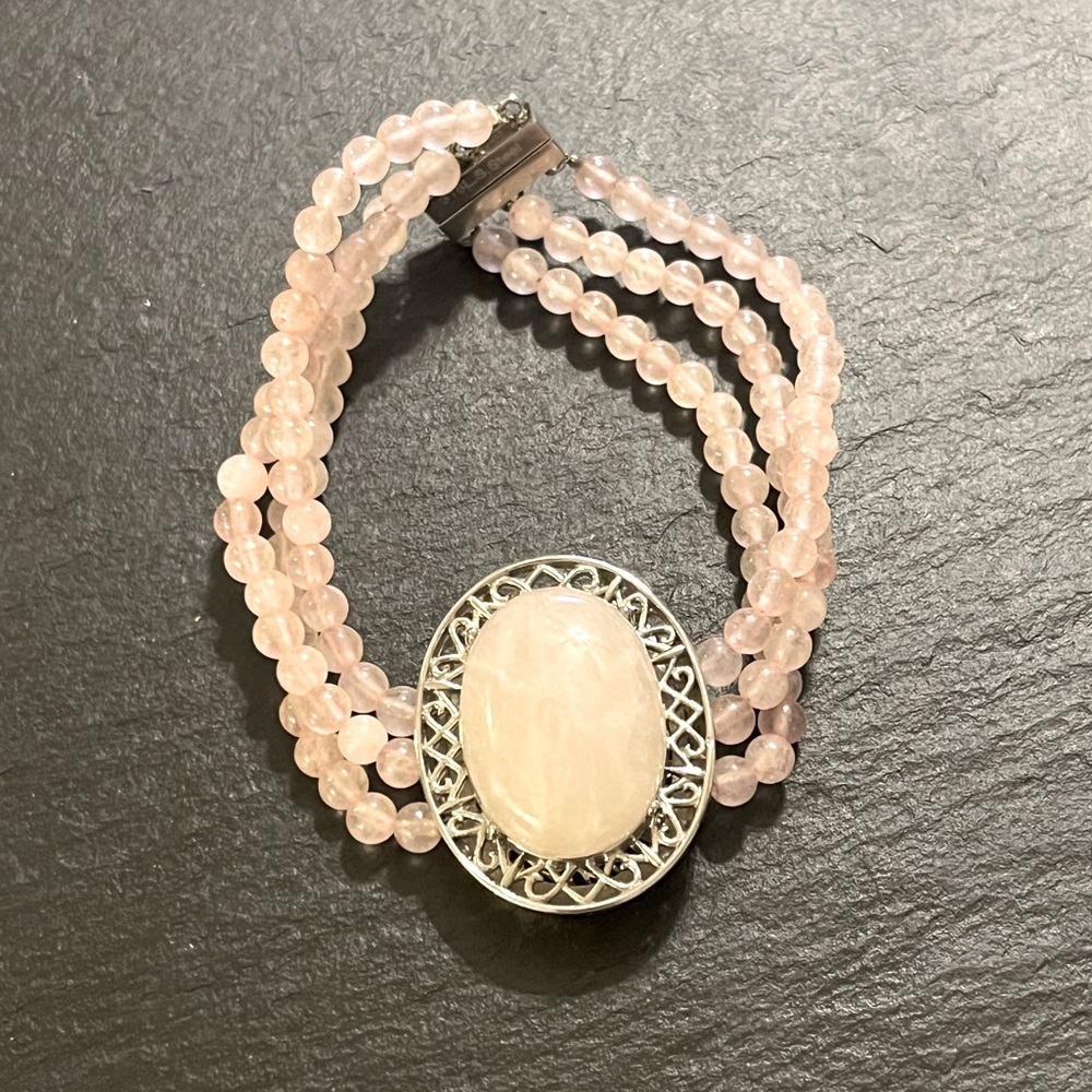 Pink Rose Quartz Beads and Stone Magnetic Stainless Steel Clasp 7.5” Bracelet